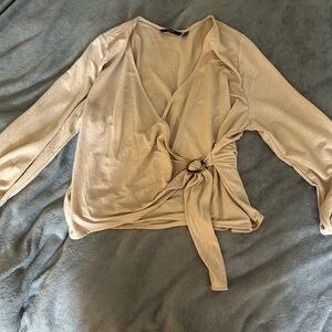 Chic Beige Wrap Top with Tie Detail